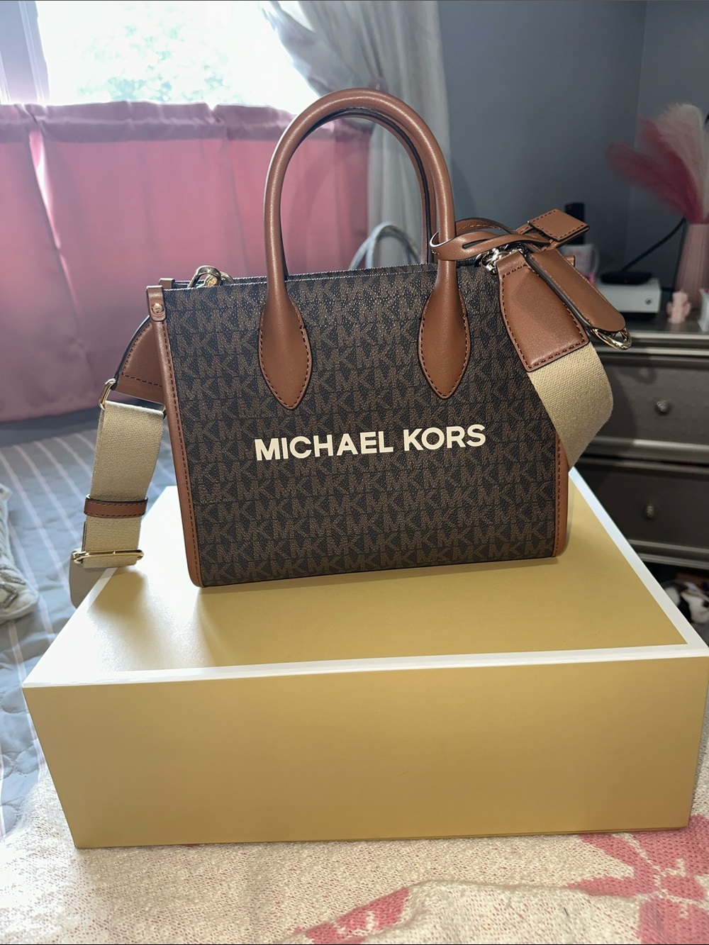 MICHAEL KORS Brown Logo Satchel with Tan Trim and Wide Strap